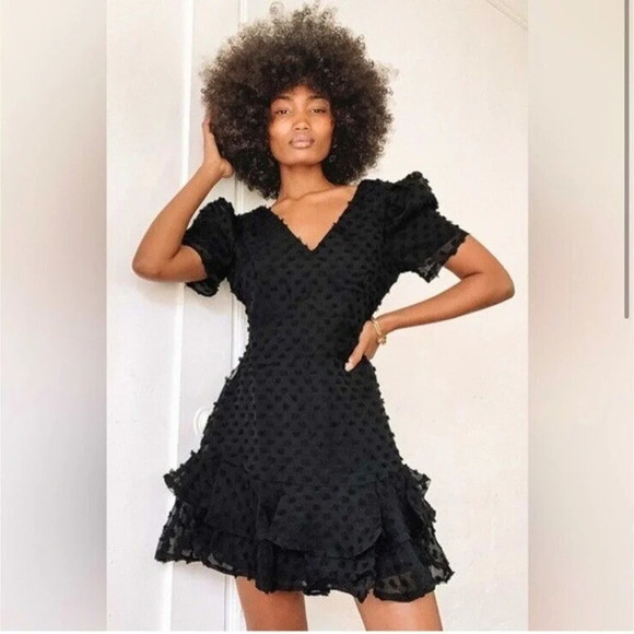 Lulus Magnificence‎ Black Swiss Dot Puff Sleeve Ruffled Mini Dress Size XS - Picture 1 of 12